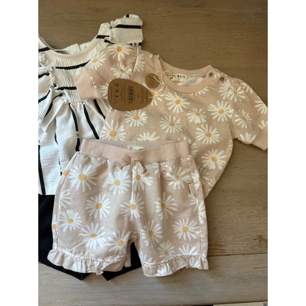 Toddler Girl 2T Bundle Calvin Klein Striped Set, Rabbit Bear Organic Daisy Set